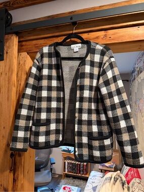 croft & barrow Black, Cream & Tan Checkered Knit Jacket